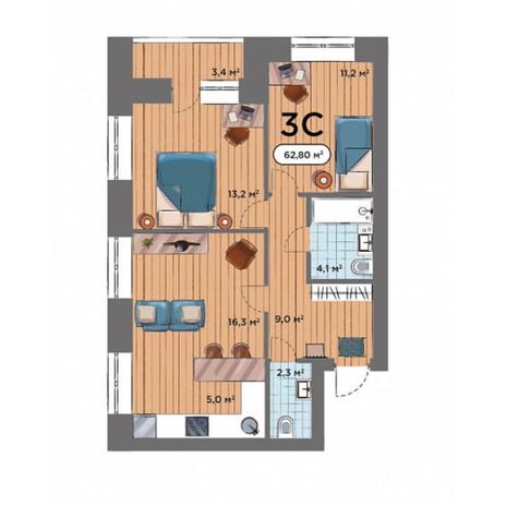 Вариант №7564, 3-комнатная квартира в жилом комплексе 