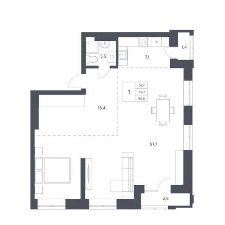Вариант №11243, 1-комнатная квартира в жилом комплексе Новаторы