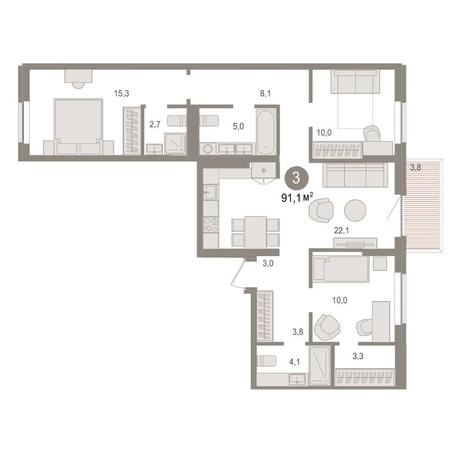 Вариант №15616, 3-комнатная квартира в жилом комплексе Горская лагуна