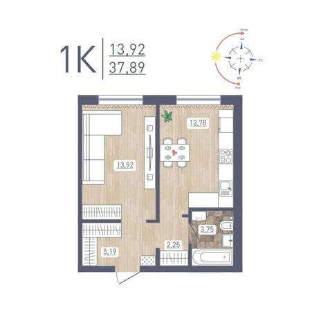 Вариант №12174, 1-комнатная квартира в жилом комплексе 