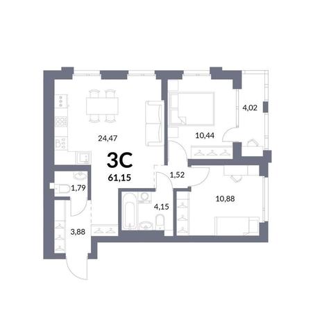 Вариант №13968, 3-комнатная квартира в жилом комплексе 