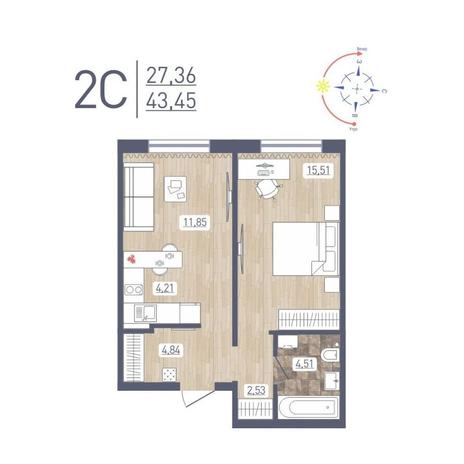 Вариант №12208, 2-комнатная квартира в жилом комплексе 