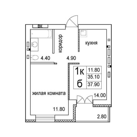 Вариант №12842, 1-комнатная квартира в жилом комплексе 