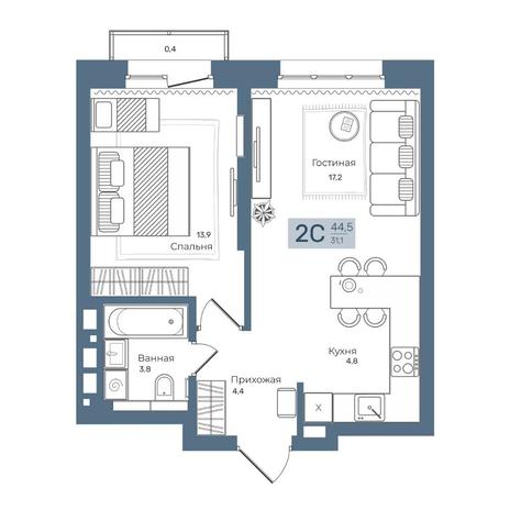 Вариант №7601, 2-комнатная квартира в жилом комплексе На Коротаева