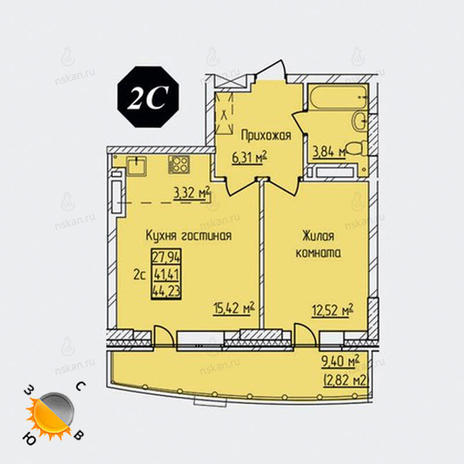Вариант №1306, 2-комнатная квартира в жилом комплексе Просвещение
