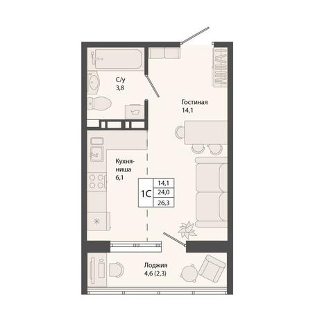 Вариант №13129, 1-комнатная квартира в жилом комплексе Родина