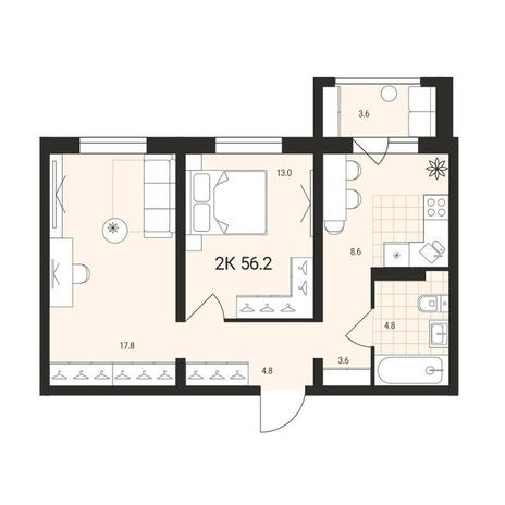 Вариант №13166, 2-комнатная квартира в жилом комплексе 