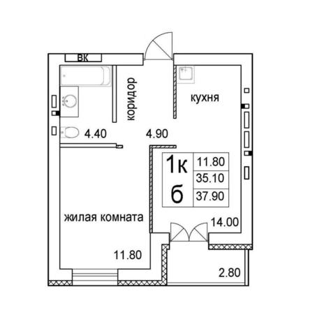 Вариант №12873, 1-комнатная квартира в жилом комплексе 