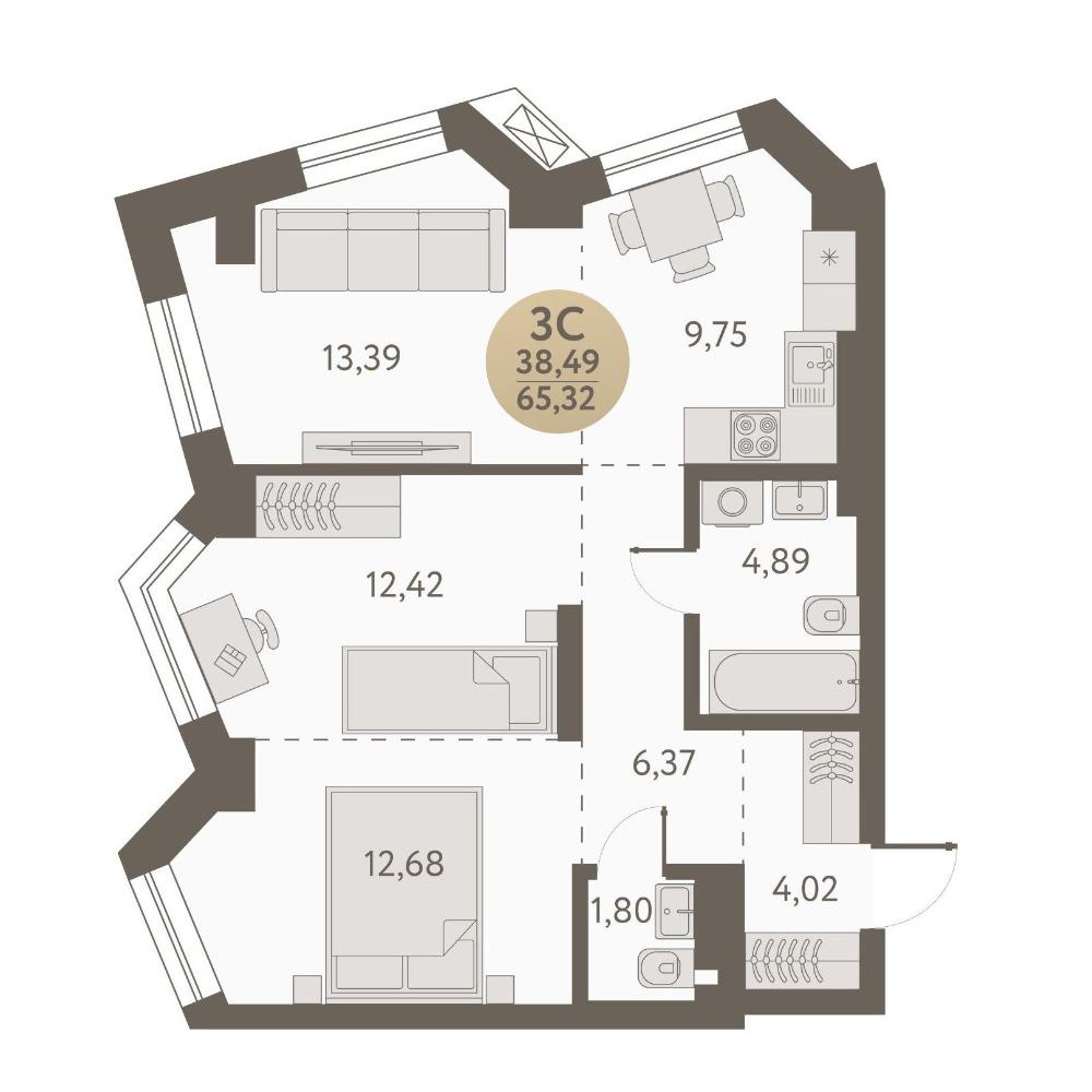 Планировка 3-комн. студия площадью 65.32 м<sup>2</sup> в ЖК Urban Peaks