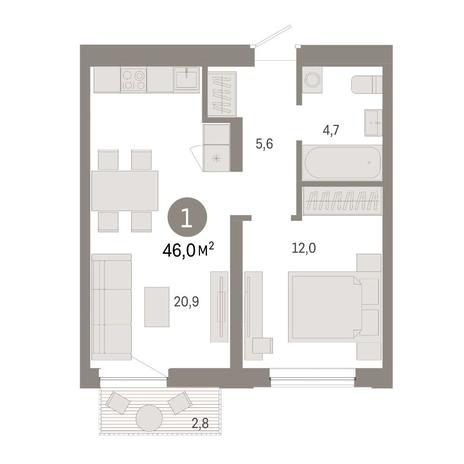 Вариант №14876, 1-комнатная квартира в жилом комплексе 