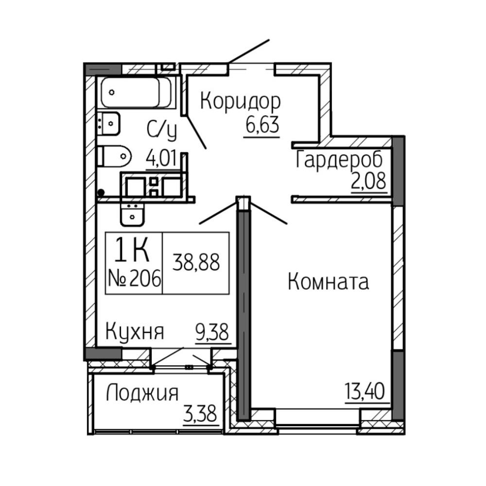 Планировка 1-комнатная площадью 38.88 м<sup>2</sup> в ЖК Сакура парк