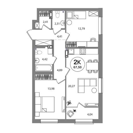 Вариант №6974, 3-комнатная квартира в жилом комплексе Приозерный