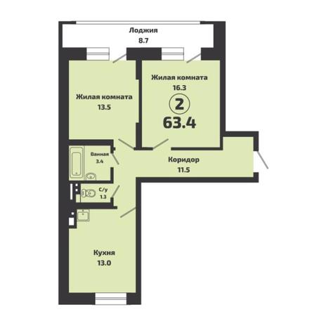 Вариант №6916, 2-комнатная квартира в жилом комплексе 