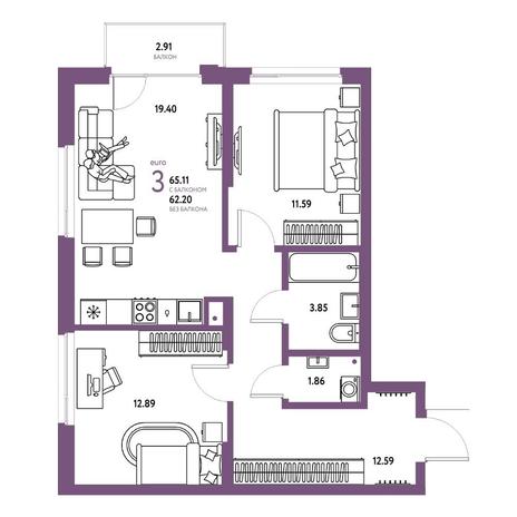Вариант №15740, 3-комнатная квартира в жилом комплексе Беринг