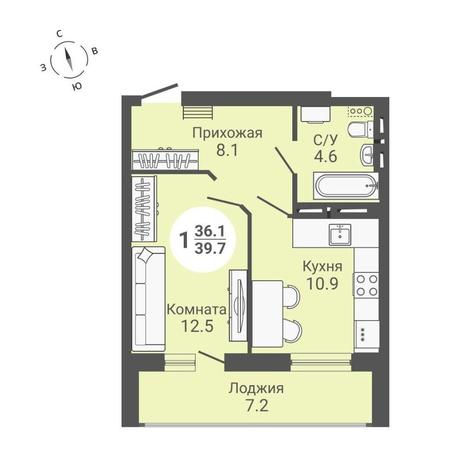 Вариант №10584, 1-комнатная квартира в жилом комплексе Акация на Кедровой