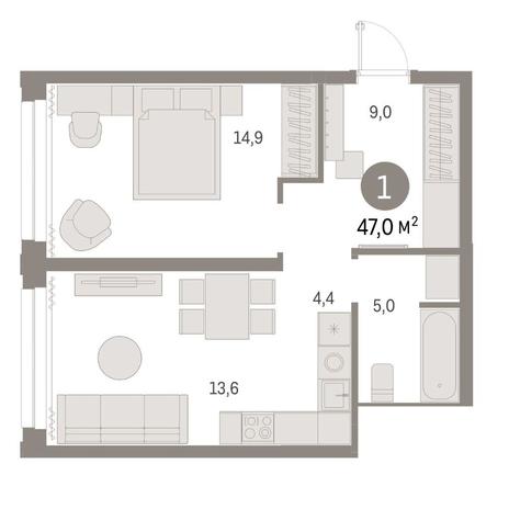 Вариант №14809, 1-комнатная квартира в жилом комплексе 