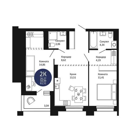 Вариант №15175, 2-комнатная квартира в жилом комплексе Семейный квартал
