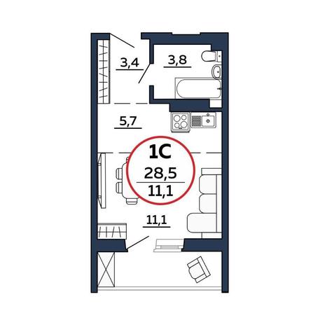 Вариант №8613, 1-комнатная квартира в жилом комплексе 