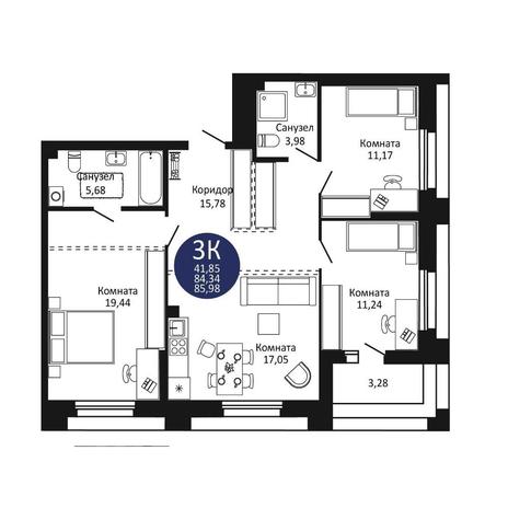 Вариант №15162, 3-комнатная квартира в жилом комплексе Новаторы