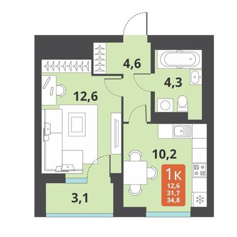Вариант №12694, 1-комнатная квартира в жилом комплексе 