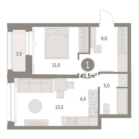 Вариант №14813, 1-комнатная квартира в жилом комплексе Тайгинский парк