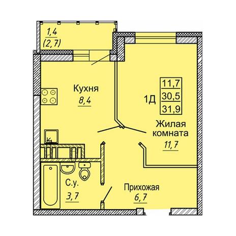 Вариант №8397, 1-комнатная квартира в жилом комплексе 