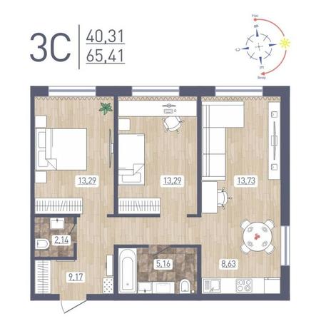 Вариант №8784, 3-комнатная квартира в жилом комплексе Новаторы