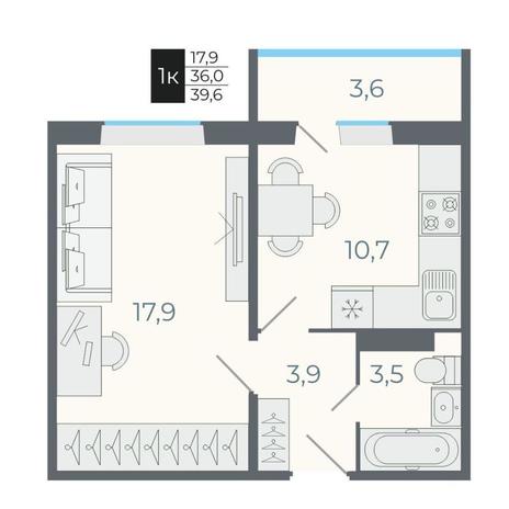 Вариант №8757, 1-комнатная квартира в жилом комплексе 