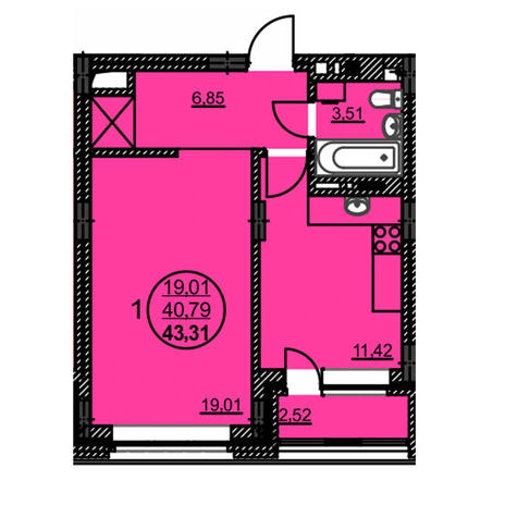 Вариант №3769, 1-комнатная квартира в жилом комплексе 