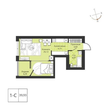 Вариант №12151, 1-комнатная квартира в жилом комплексе 