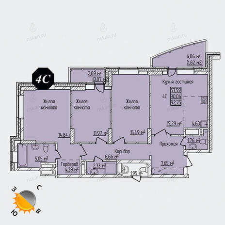 Вариант №1308, 4-комнатная квартира в жилом комплексе Просвещение