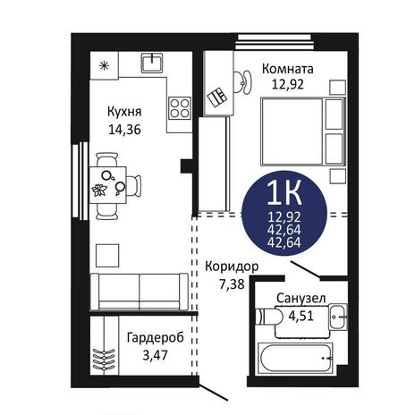 Вариант №15174, 1-комнатная квартира в жилом комплексе Gorizont
