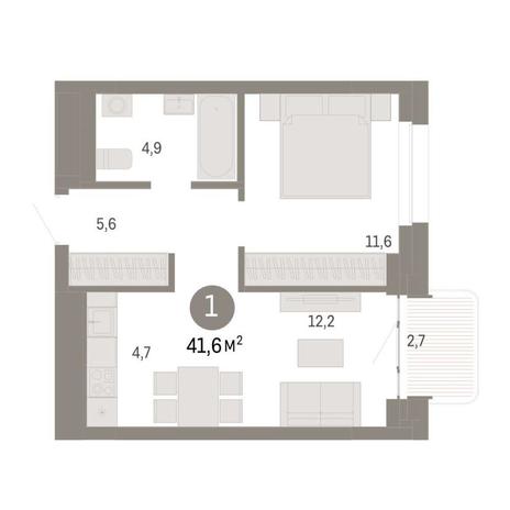 Вариант №9092, 1-комнатная квартира в жилом комплексе Квартал на Никитина