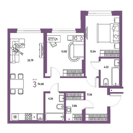 Вариант №15777, 3-комнатная квартира в жилом комплексе Новаторы