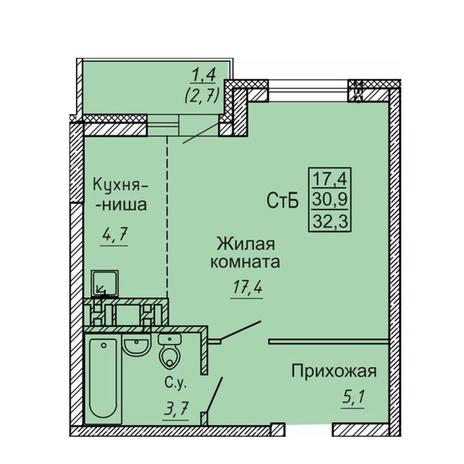 Вариант №10668, 1-комнатная квартира в жилом комплексе 