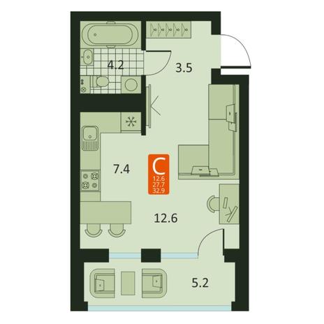 Вариант №7472, 1-комнатная квартира в жилом комплексе 