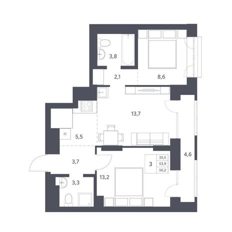 Вариант №11287, 3-комнатная квартира в жилом комплексе 