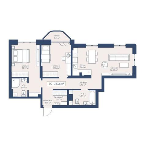 Вариант №17733, 3-комнатная квартира в жилом комплексе Willart (Виларт)