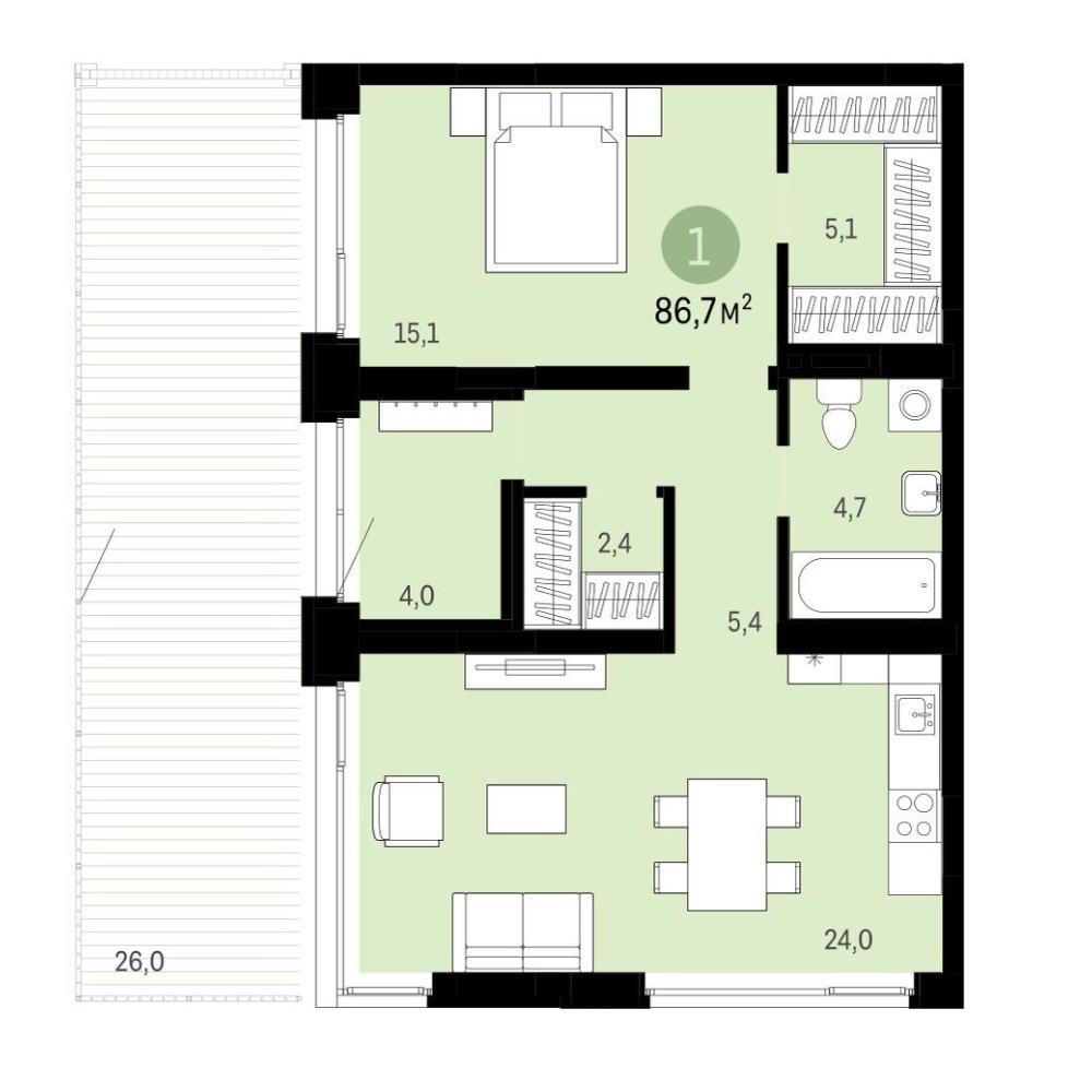 Планировка 1-комнатная площадью 86.73 м<sup>2</sup> в ЖК Квартал на Никитина