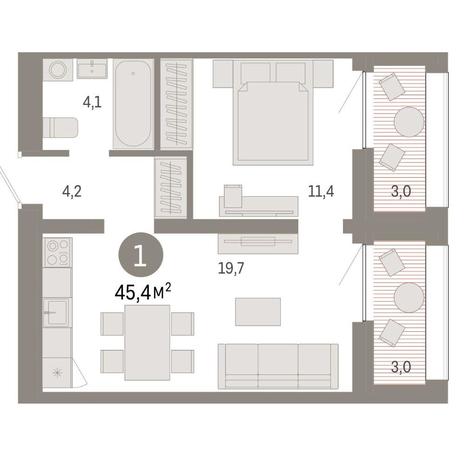 Вариант №14855, 1-комнатная квартира в жилом комплексе Авиатор