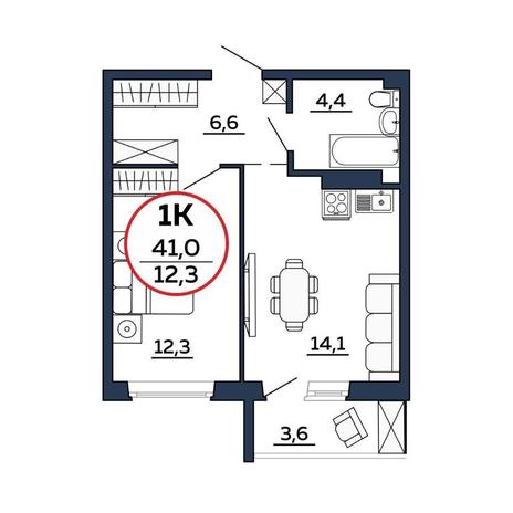 Вариант №8611, 1-комнатная квартира в жилом комплексе 