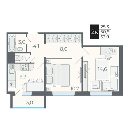 Вариант №12626, 2-комнатная квартира в жилом комплексе 