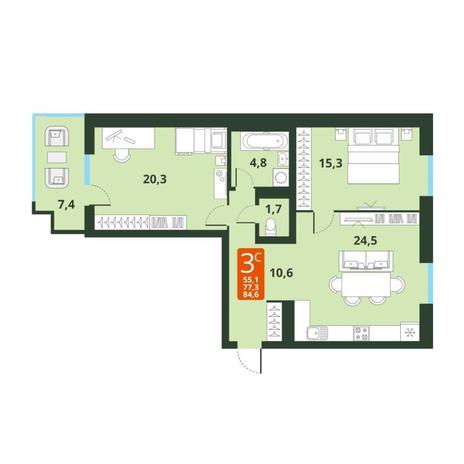 Вариант №13825, 3-комнатная квартира в жилом комплексе 