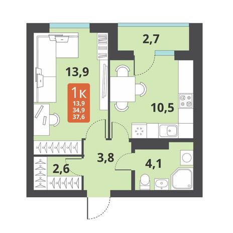 Вариант №12679, 1-комнатная квартира в жилом комплексе 