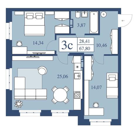 Вариант №7082, 3-комнатная квартира в жилом комплексе Авиатор