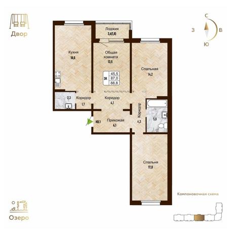 Вариант №14282, 3-комнатная квартира в жилом комплексе Новаторы