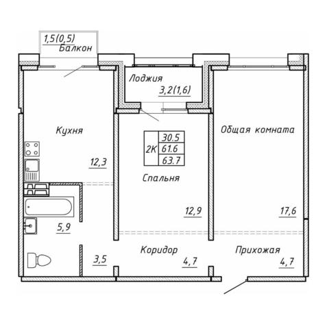 Вариант №17654, 2-комнатная квартира в жилом комплексе Гренландия
