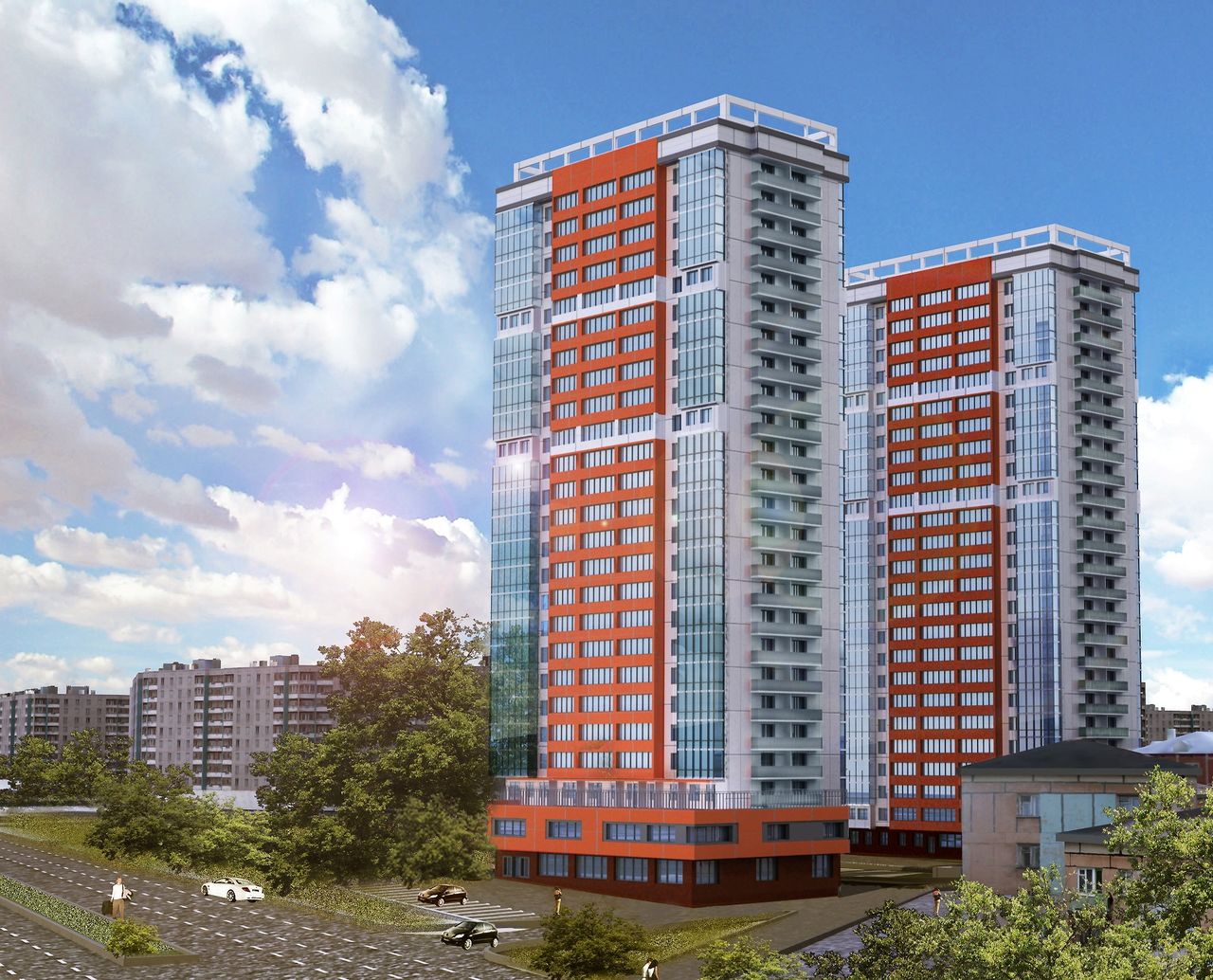 Красный 4 купить квартиру. Многоэтажка оранжевый Новосибирск. Жилые высотки Новосибирск.