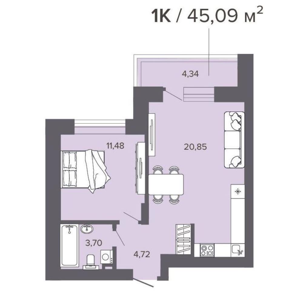 Планировка 1-комнатная площадью 45.17 м<sup>2</sup> в ЖК Прованс
