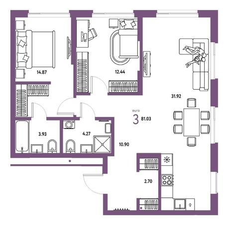 Вариант №15728, 3-комнатная квартира в жилом комплексе Горская лагуна